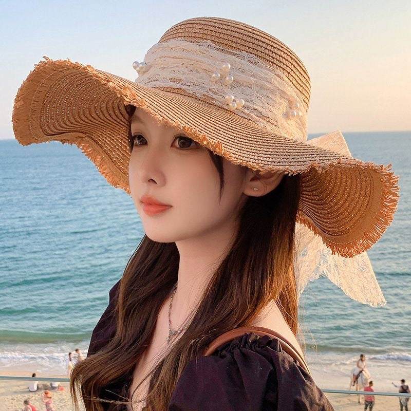 Women's Korean Style Straw Sun Hat Ribbon Bow Wide Brim Beach Hat
