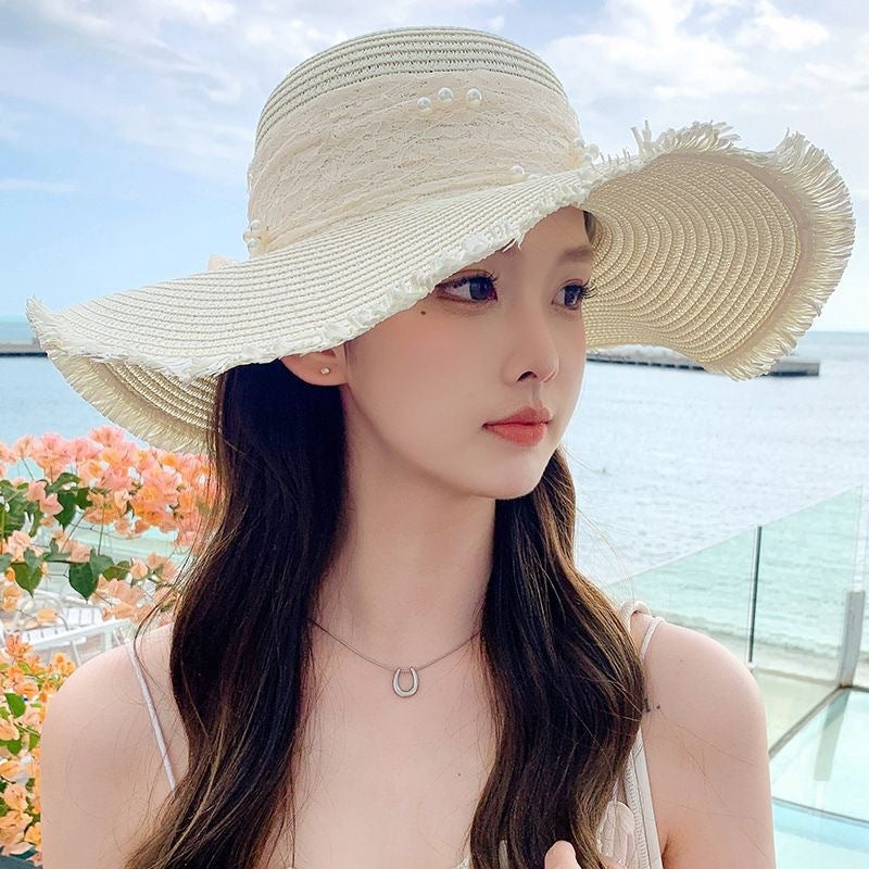 Women's Korean Style Straw Sun Hat Ribbon Bow Wide Brim Beach Hat