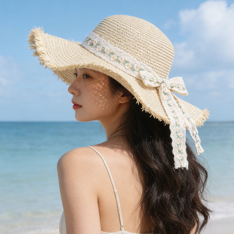 Women's Lace Bow Straw Sun Hat Wavy Edge Wide Brim Beach Style
