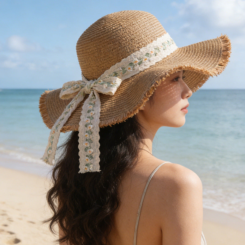 Women's Lace Bow Straw Sun Hat Wavy Edge Wide Brim Beach Style