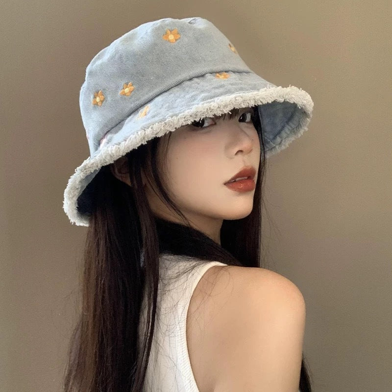 Women's Denim Bucket Hat Embroidered Fisherman Hat Summer Style