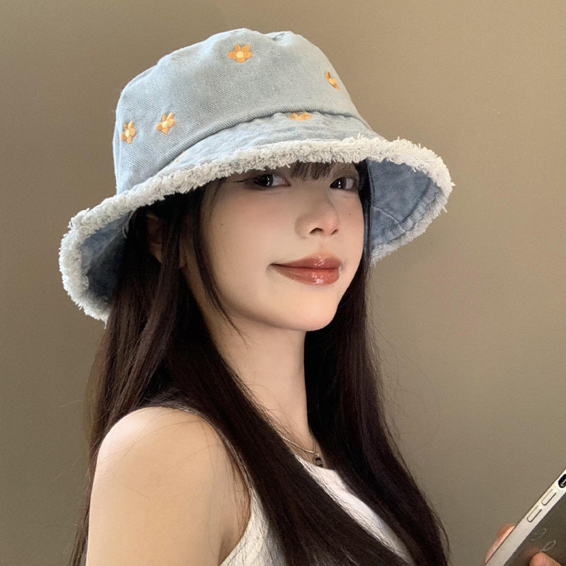 Women's Denim Bucket Hat Embroidered Fisherman Hat Summer Style