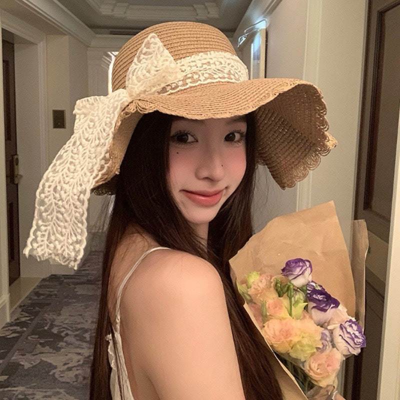 Women's Ruffled Lace Wide Brim Sun Hat with Bow Detail