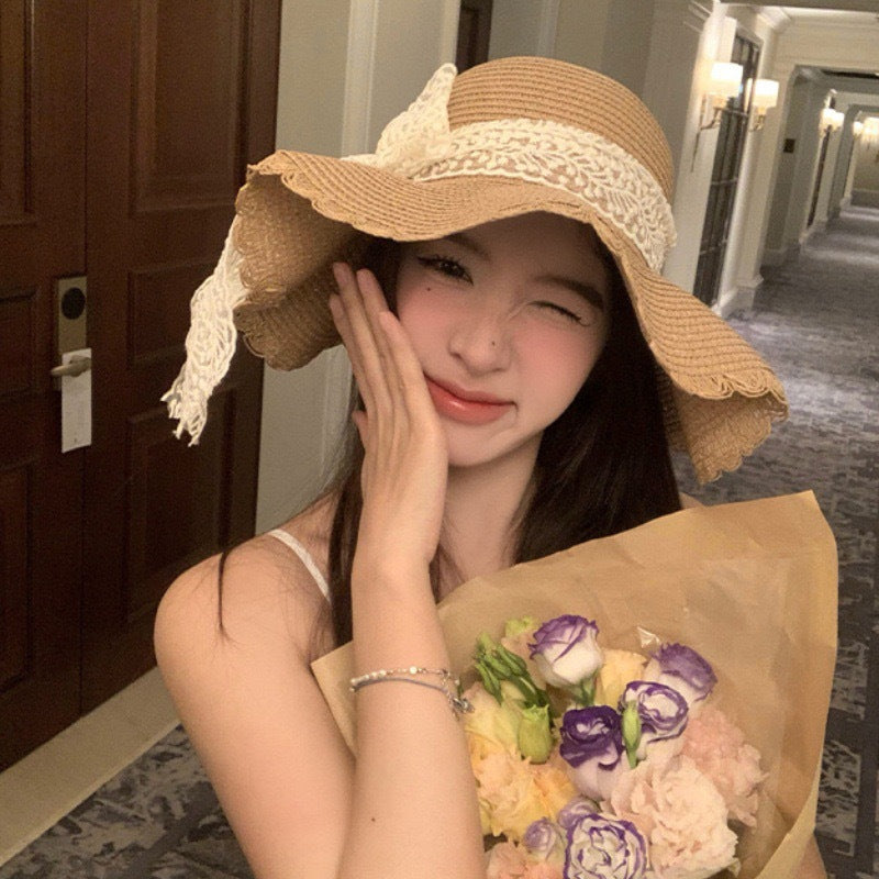 Women's Ruffled Lace Wide Brim Sun Hat with Bow Detail