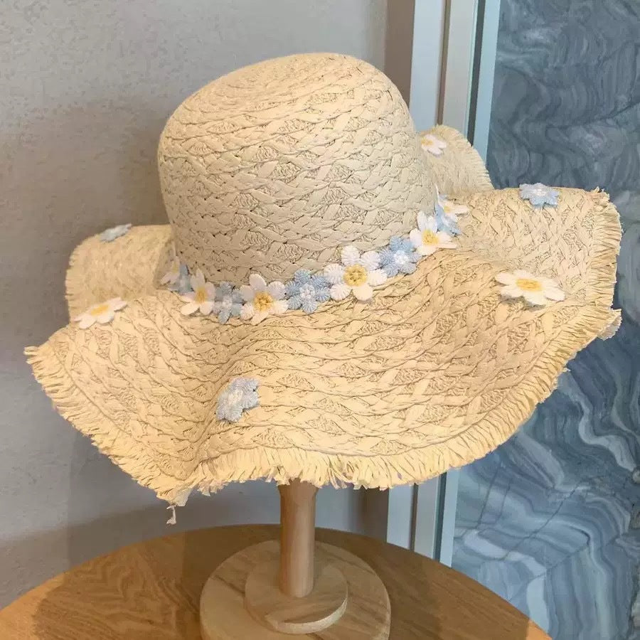 Women's Blue White Floral Straw Wide Brim Sun Hat