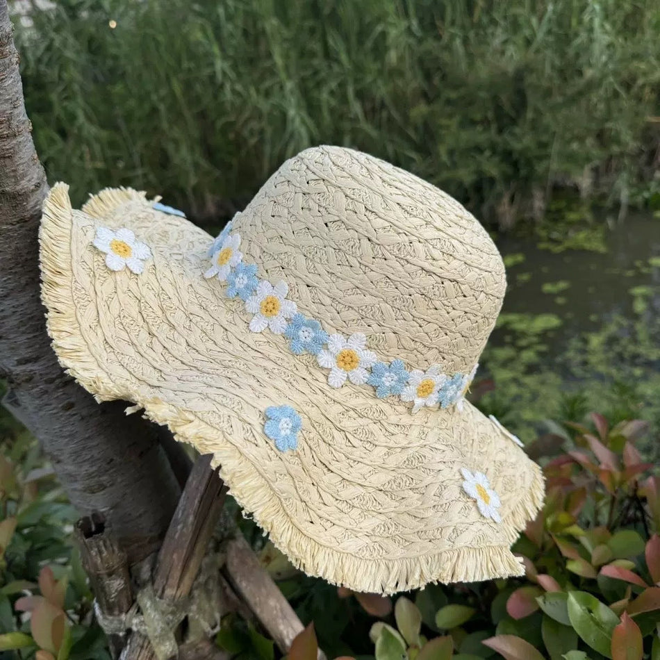 Women's Blue White Floral Straw Wide Brim Sun Hat