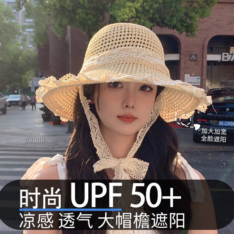 Women's Lace Straw Wide Brim Sun Hat for Beach Travel