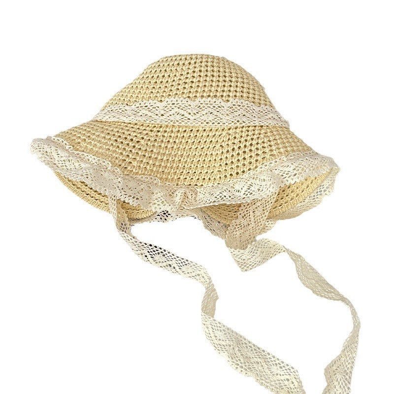 Women's Lace Straw Wide Brim Sun Hat for Beach Travel