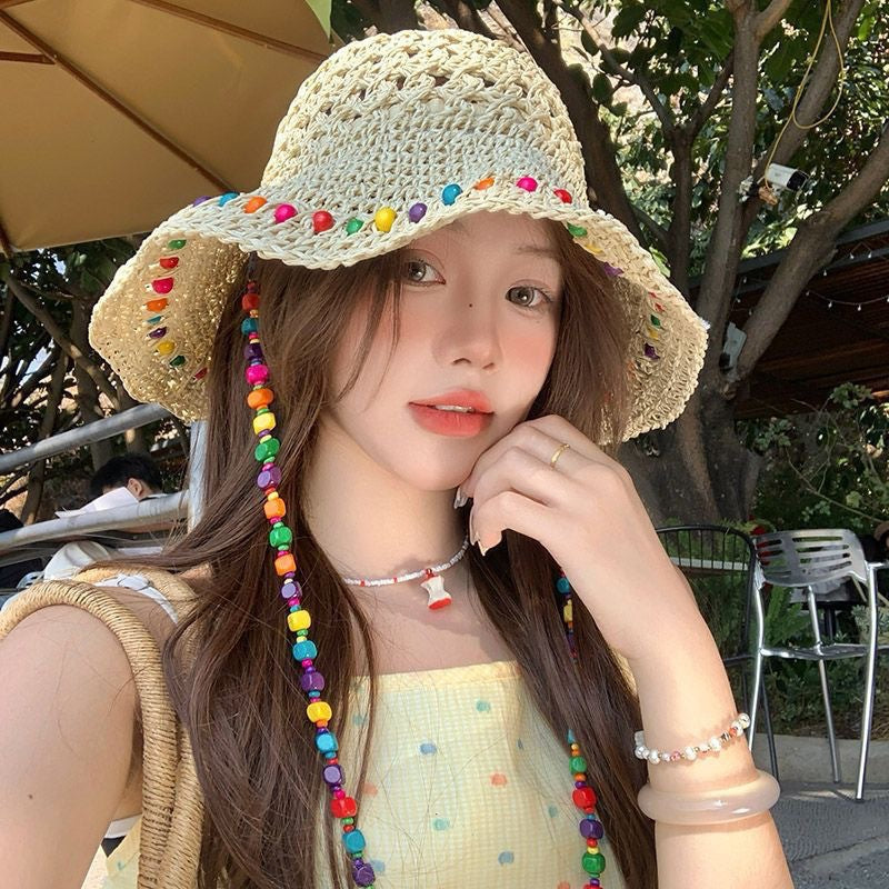 Women's Handmade Beaded Straw Wide Brim Sun Hat