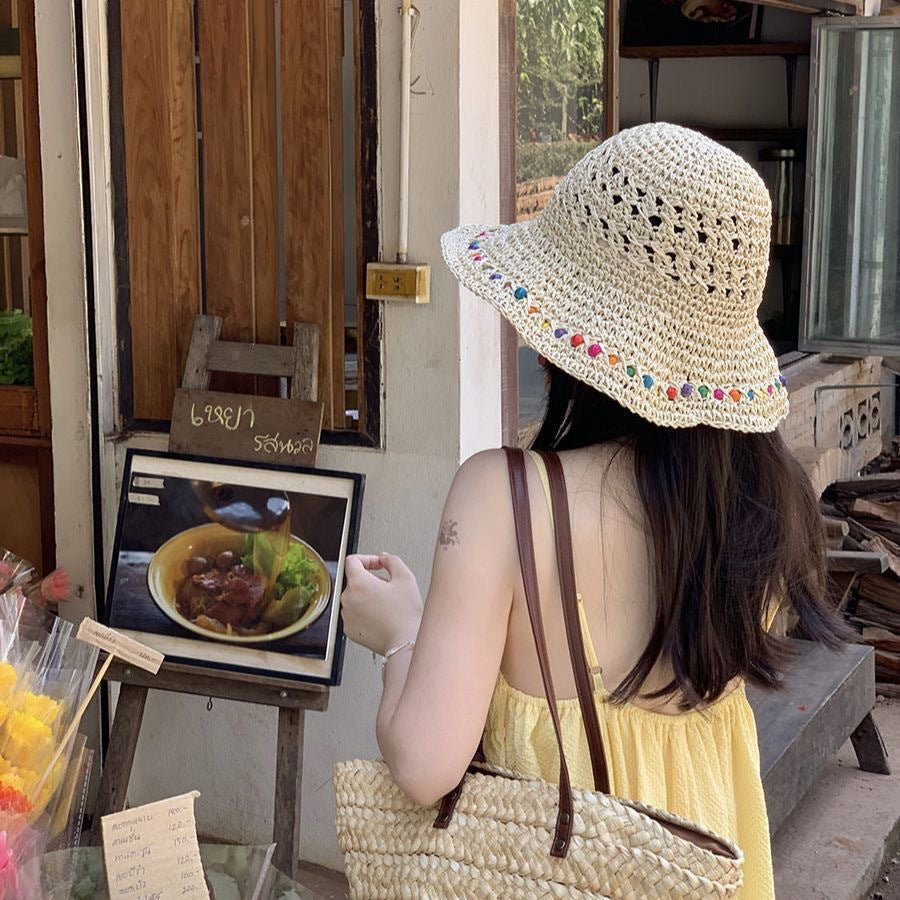 Women's Handmade Beaded Straw Wide Brim Sun Hat