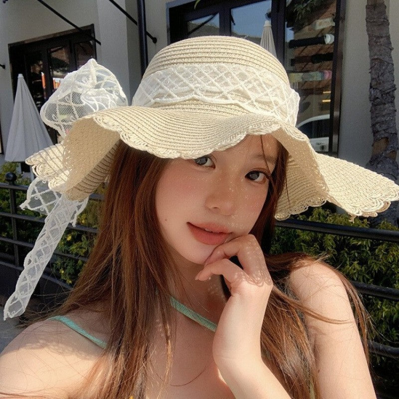 Women's Lace Bow Wide Brim Straw Sun Hat