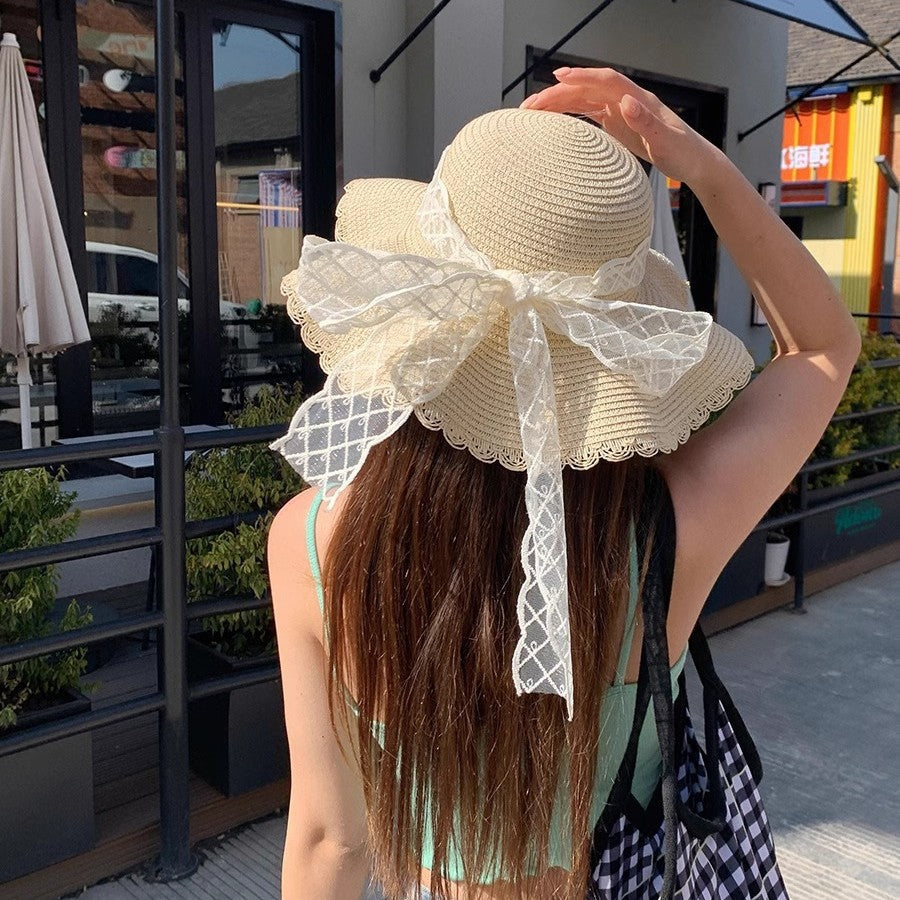 Women's Lace Bow Wide Brim Straw Sun Hat