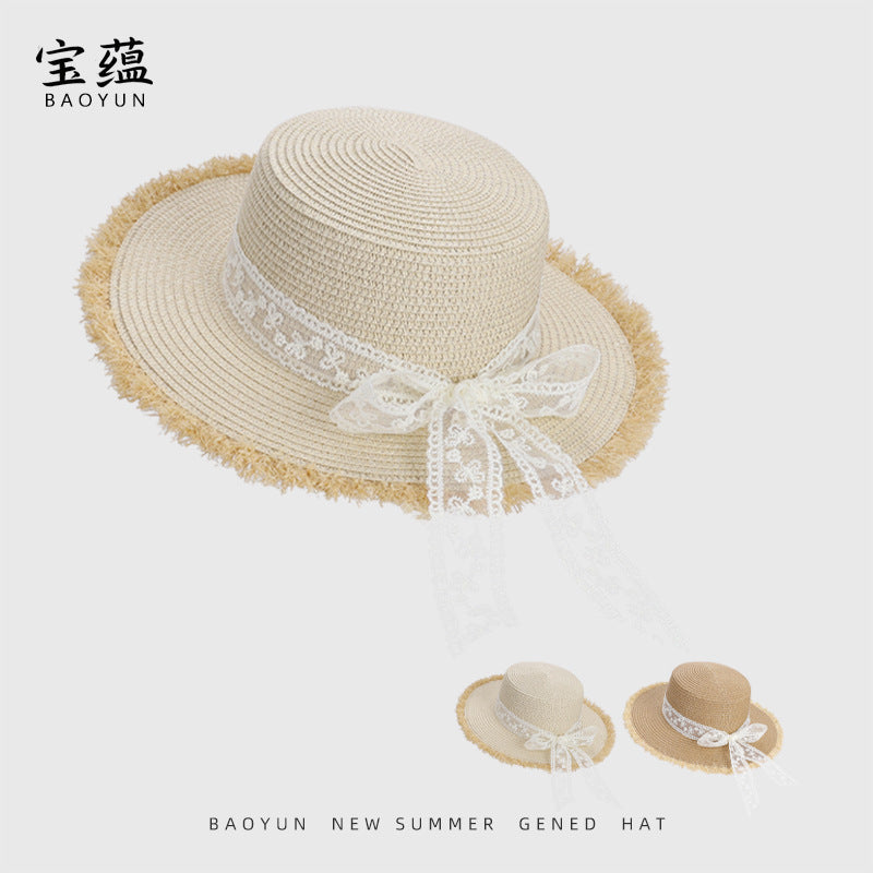 Women's Lace Bow Wide Brim Straw Sun Hat Korean Style