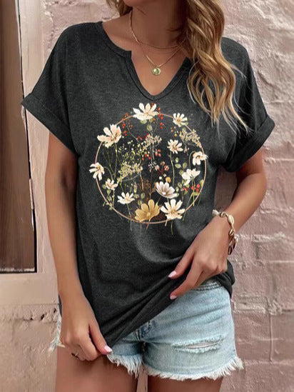 Women's V-Neck Solid Color Short Sleeve Loose Casual T-Shirt