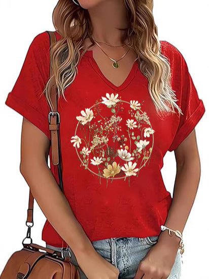 Women's V-Neck Solid Color Short Sleeve Loose Casual T-Shirt