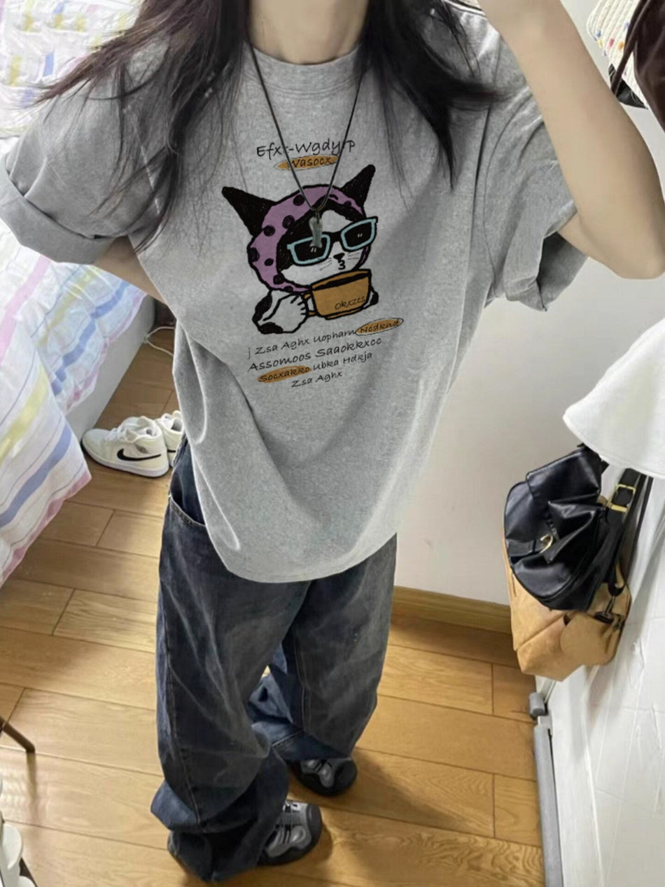 Women's Cotton Gray Off-Shoulder Casual Loose Short Sleeve Top