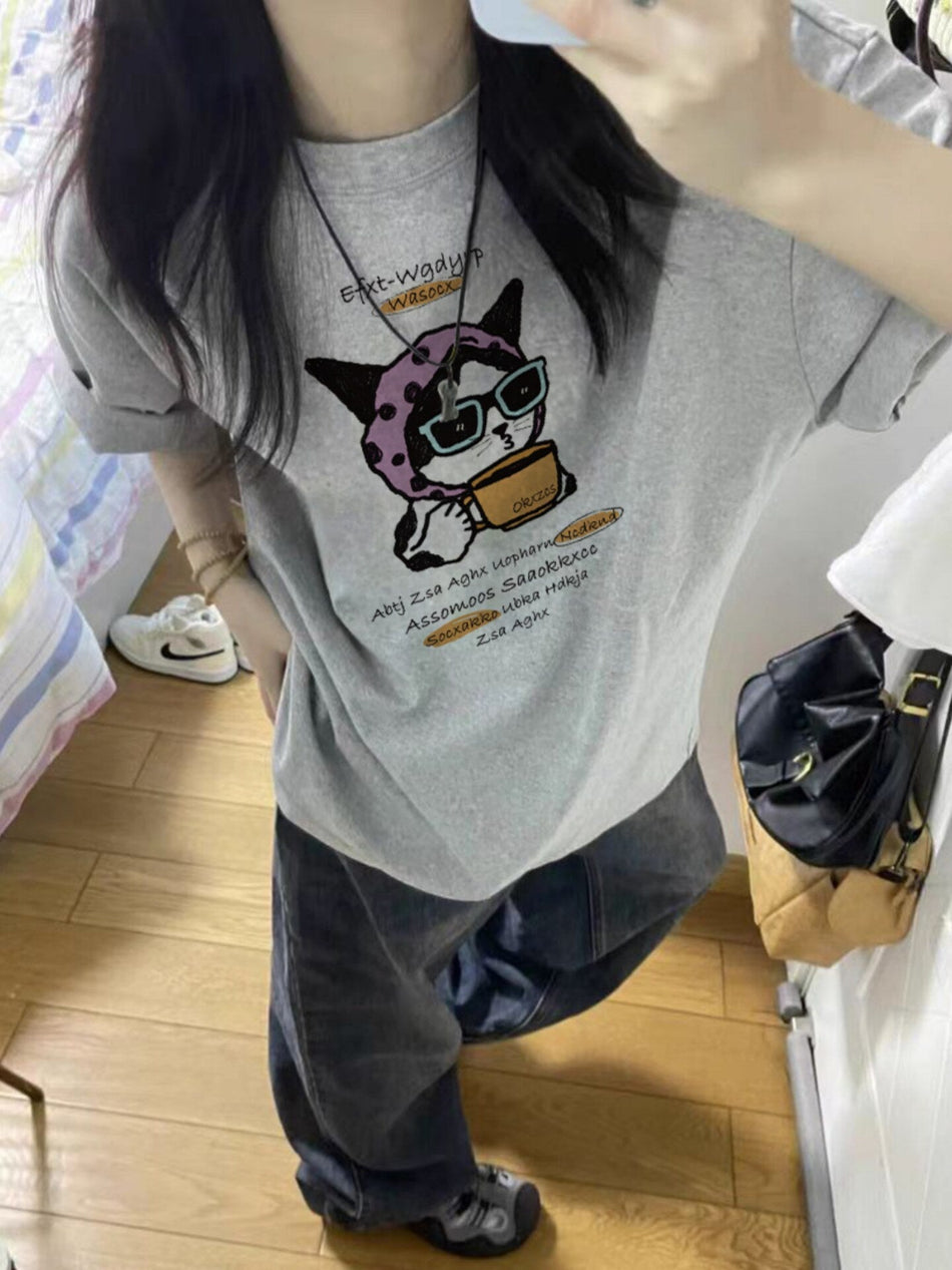 Women's Cotton Gray Off-Shoulder Casual Loose Short Sleeve Top