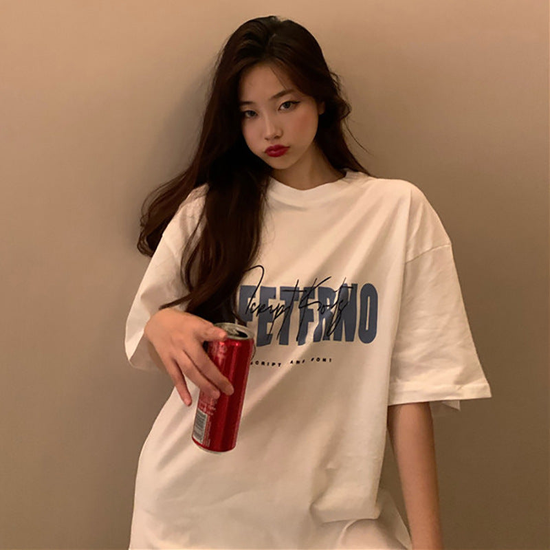 Women's Retro Printed White T-Shirt K-Style Mid Length Casual Top