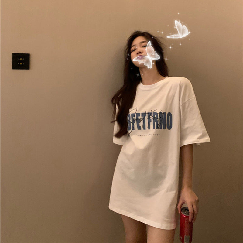 Women's Retro Printed White T-Shirt K-Style Mid Length Casual Top