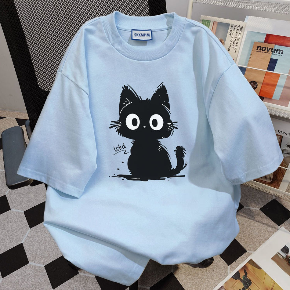 Women's Cat Print Loose Short Sleeve T-Shirt Light Blue Casual