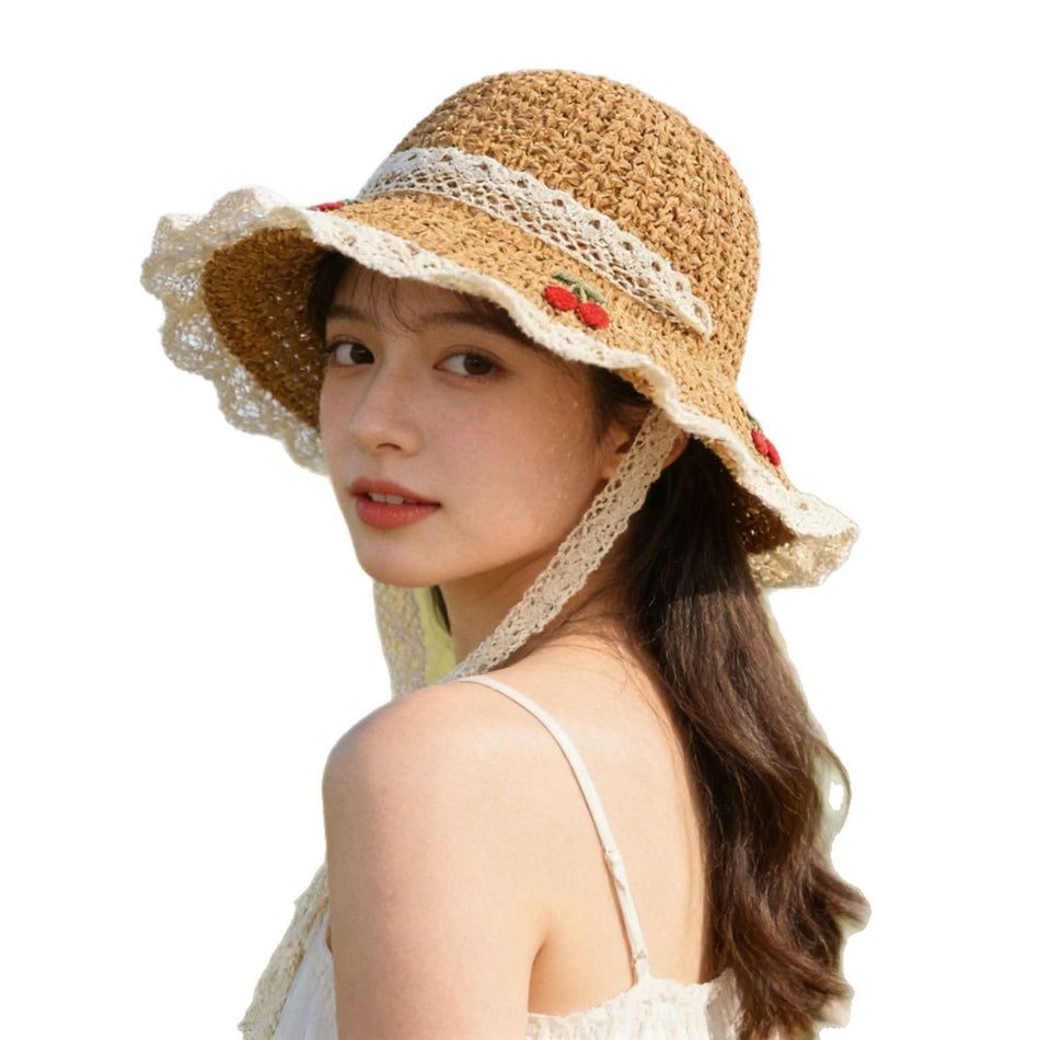 Women's Wide Brim Straw Sun Hat with Tie-Up Design