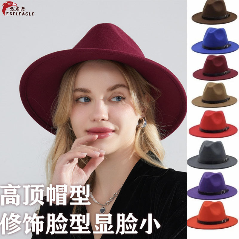 Unisex Wool Felt Wide Brim Fedora Hat with Belt Band