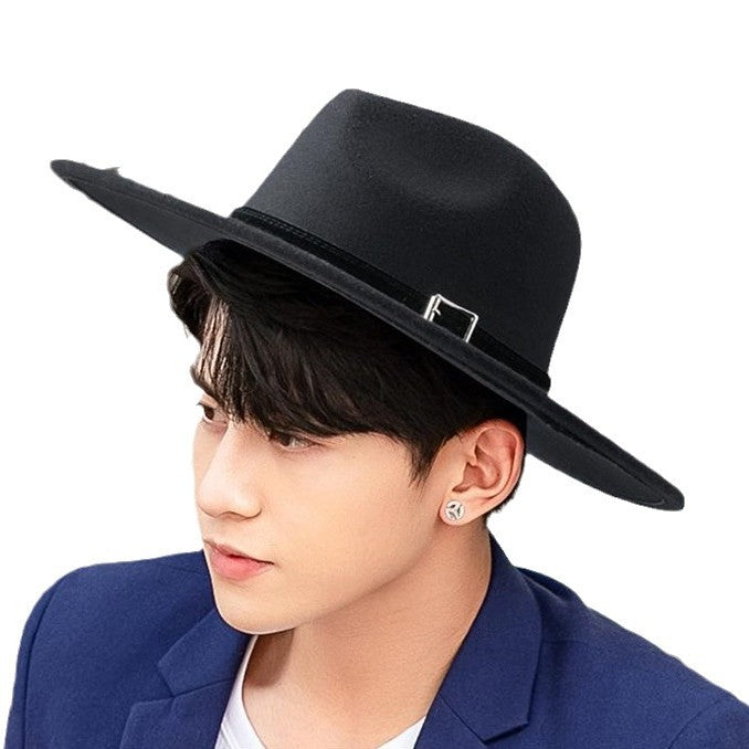 Unisex Wool Felt Wide Brim Fedora Hat with Belt Band