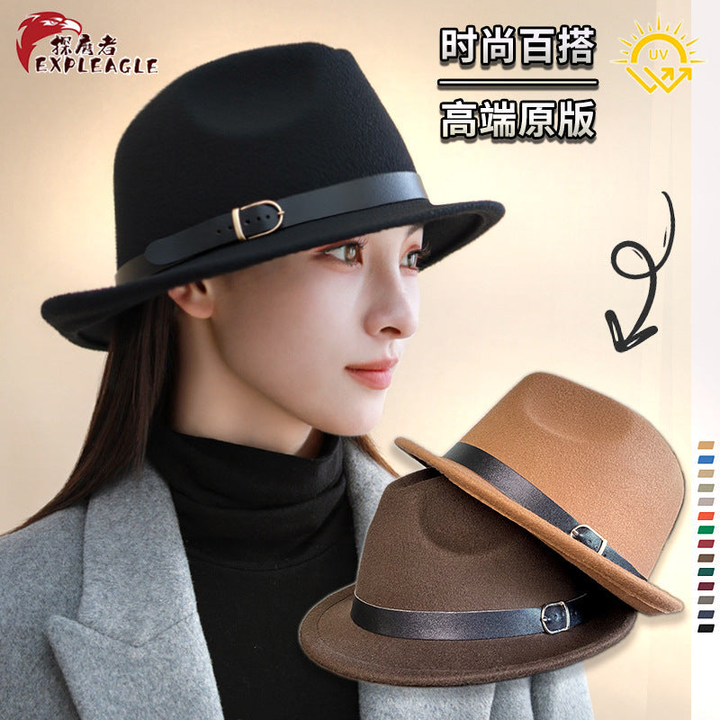 Unisex Wool Felt British Style Fedora Hat with Leather Band