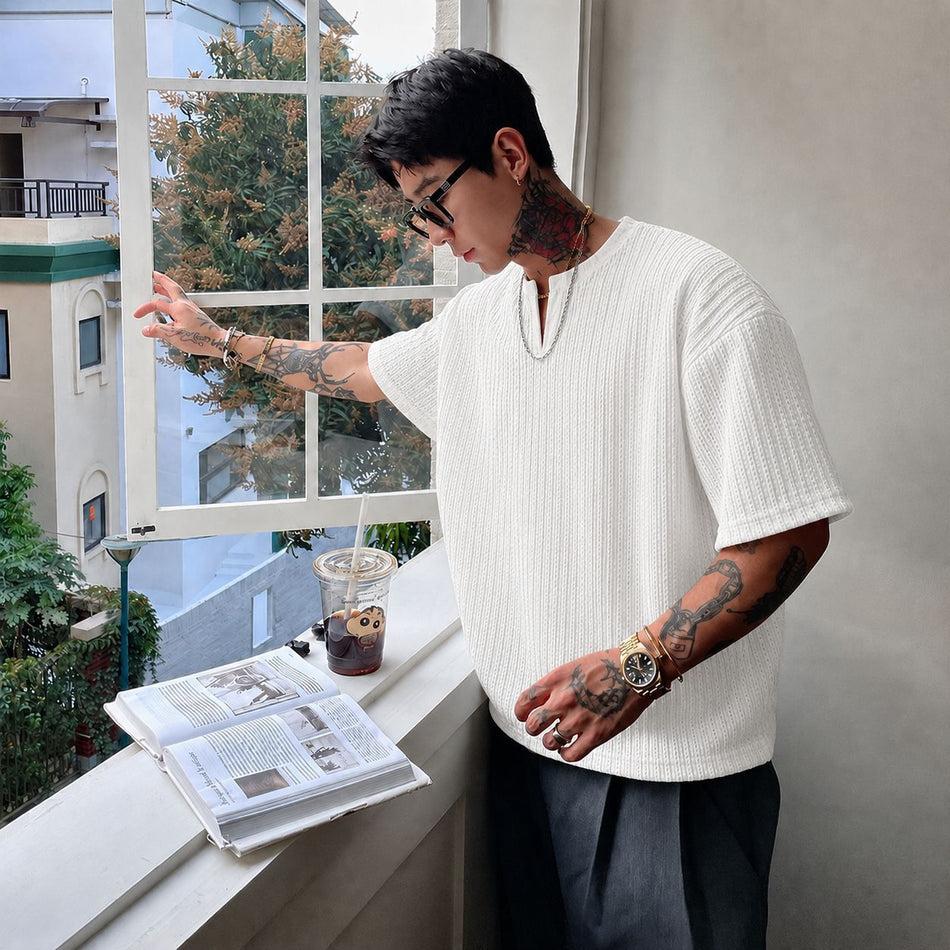 Men's V-Neck Pleated Loose Fit Drop Shoulder Short Sleeve T-Shirt