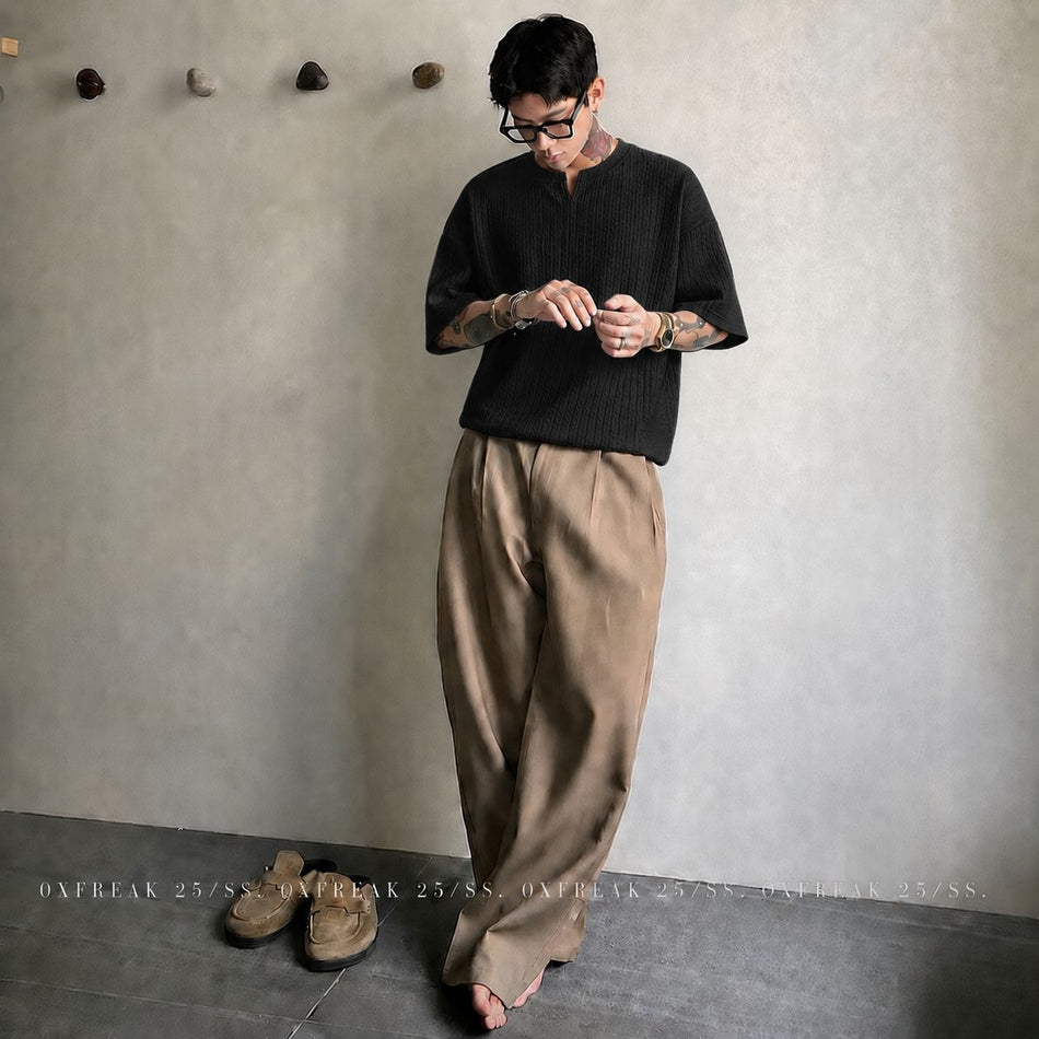 Men's V-Neck Pleated Loose Fit Drop Shoulder Short Sleeve T-Shirt