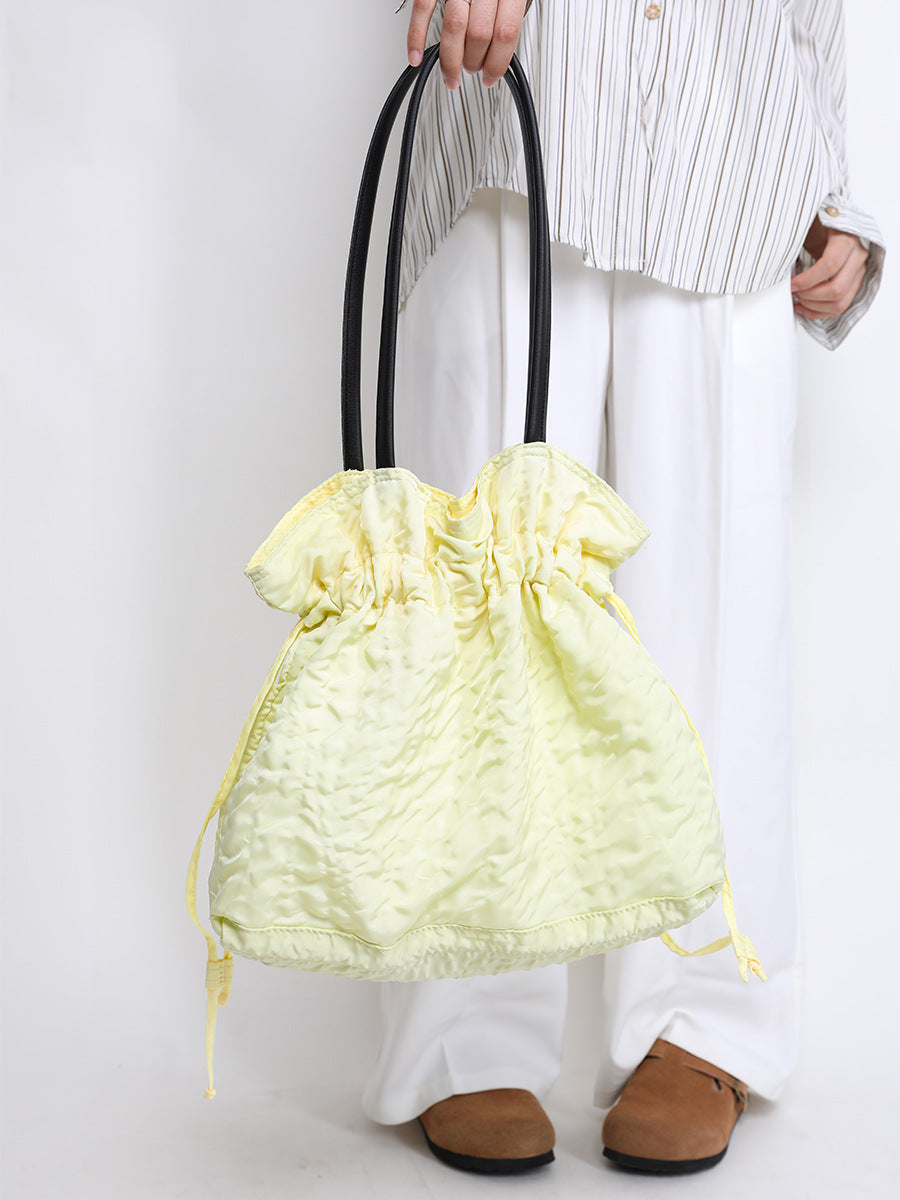 Korean Style Pleated Fabric Drawstring Commuter Tote Bag