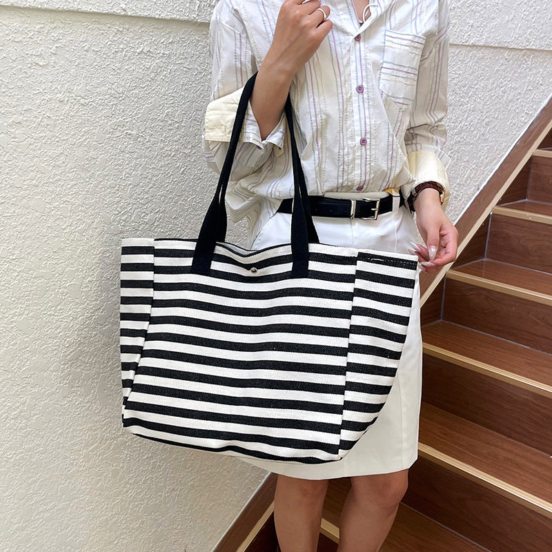 Large Capacity Women's Striped Canvas Commuter Tote Bag