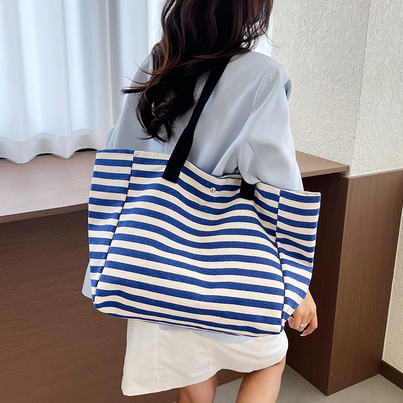 Large Capacity Women's Striped Canvas Commuter Tote Bag
