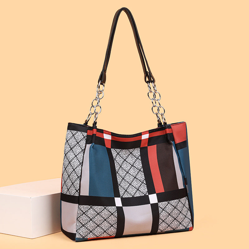 Large Capacity Plaid Nylon Oxford Chain Tote Shoulder Bag