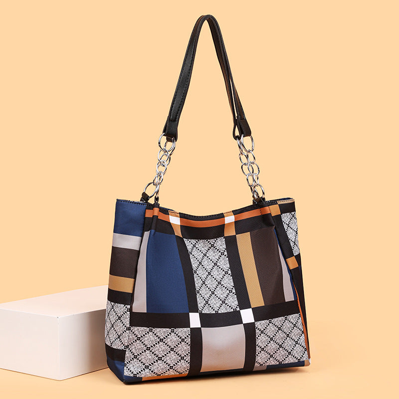 Large Capacity Plaid Nylon Oxford Chain Tote Shoulder Bag