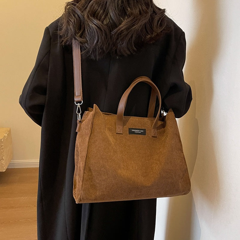 Retro Distressed Corduroy Large Capacity Tote Shoulder Bag