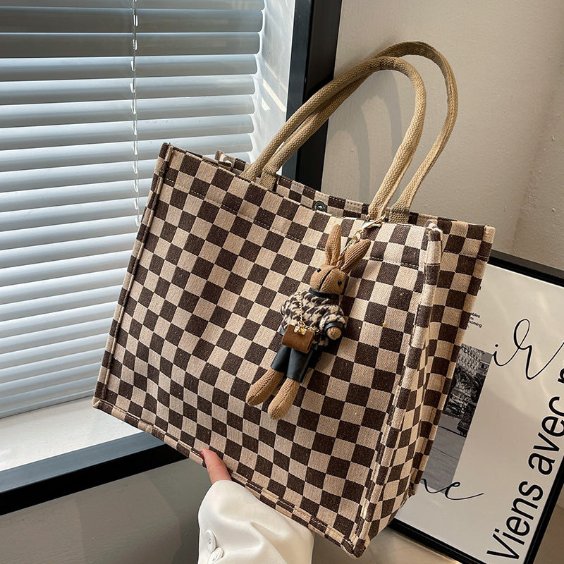 Large Capacity Checkerboard Canvas Commuter Tote Shoulder Bag