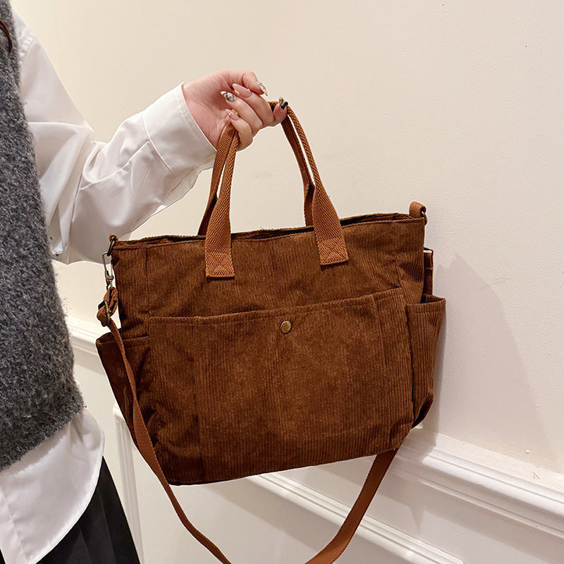 Large Capacity Corduroy Multi-Pocket Shoulder Crossbody Tote Bag