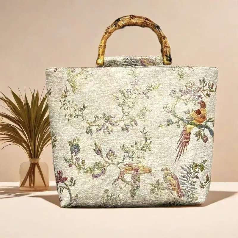 Vintage Jacquard Bamboo Handle Handbag for Hanfu & Cheongsam