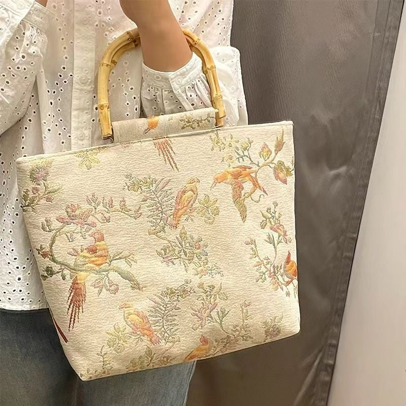Vintage Jacquard Bamboo Handle Handbag for Hanfu & Cheongsam