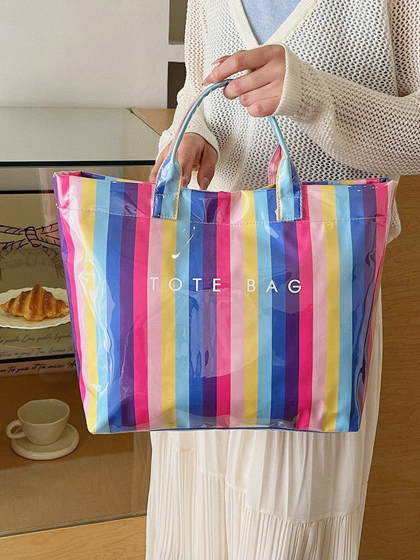 Embroidered Large Capacity Striped Commuter Tote Handbag
