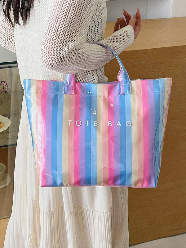 Embroidered Large Capacity Striped Commuter Tote Handbag