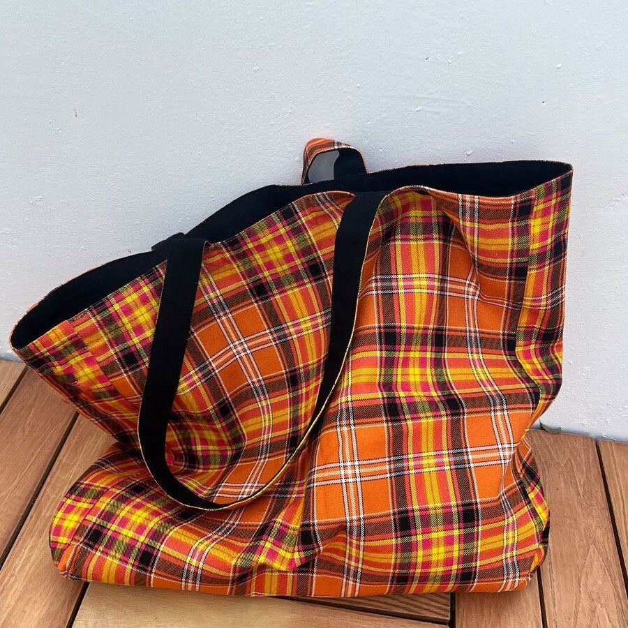 Large Capacity Plaid Canvas Shoulder Tote Bag for Women