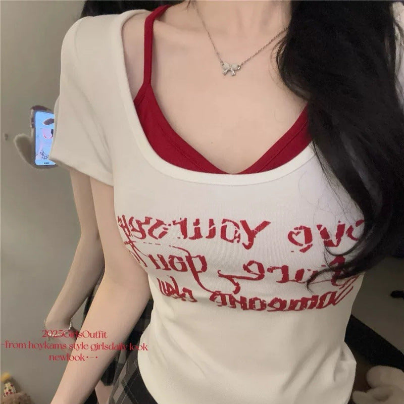 Women's Faux Two-Piece Letter Print Padded Slim-Fit T-Shirt