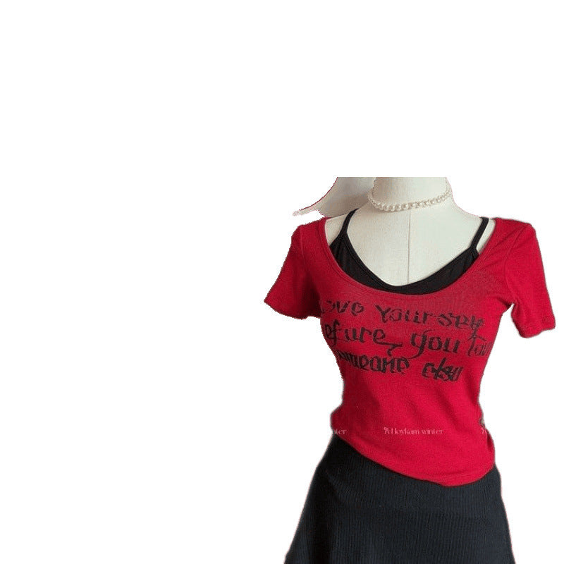 Women's Faux Two-Piece Letter Print Padded Slim-Fit T-Shirt