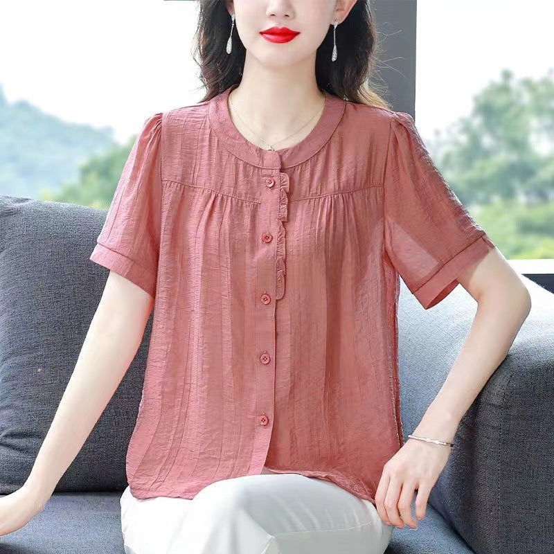 Women's Cotton Linen Loose Round Neck Blouse