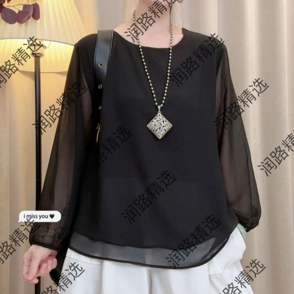 Women's Pearl Mesh Long Sleeve Round Neck Top