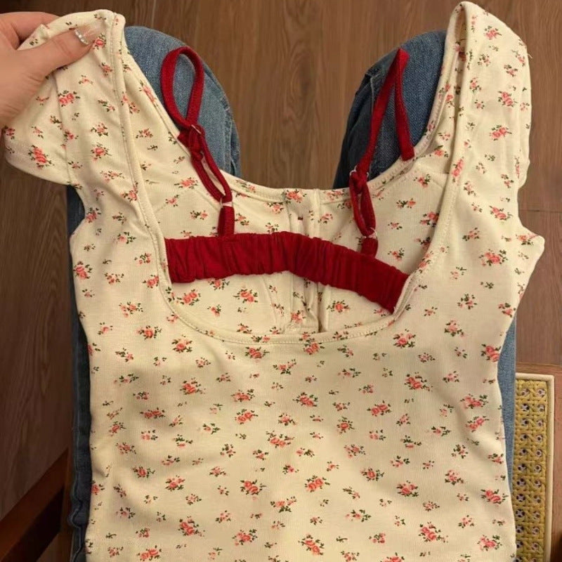 Women's Floral Faux Two-Piece Backless Padded T-Shirt