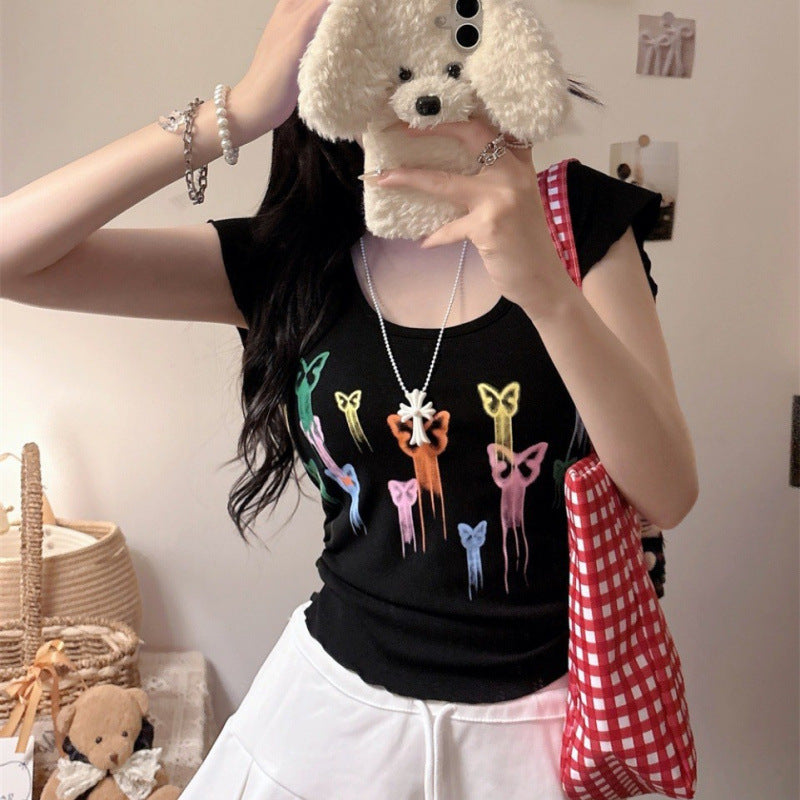Women's Star Print Padded Slim-Fit Short Sleeve Crop Top