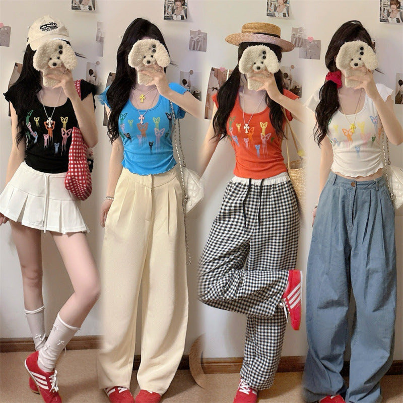 Women's Star Print Padded Slim-Fit Short Sleeve Crop Top